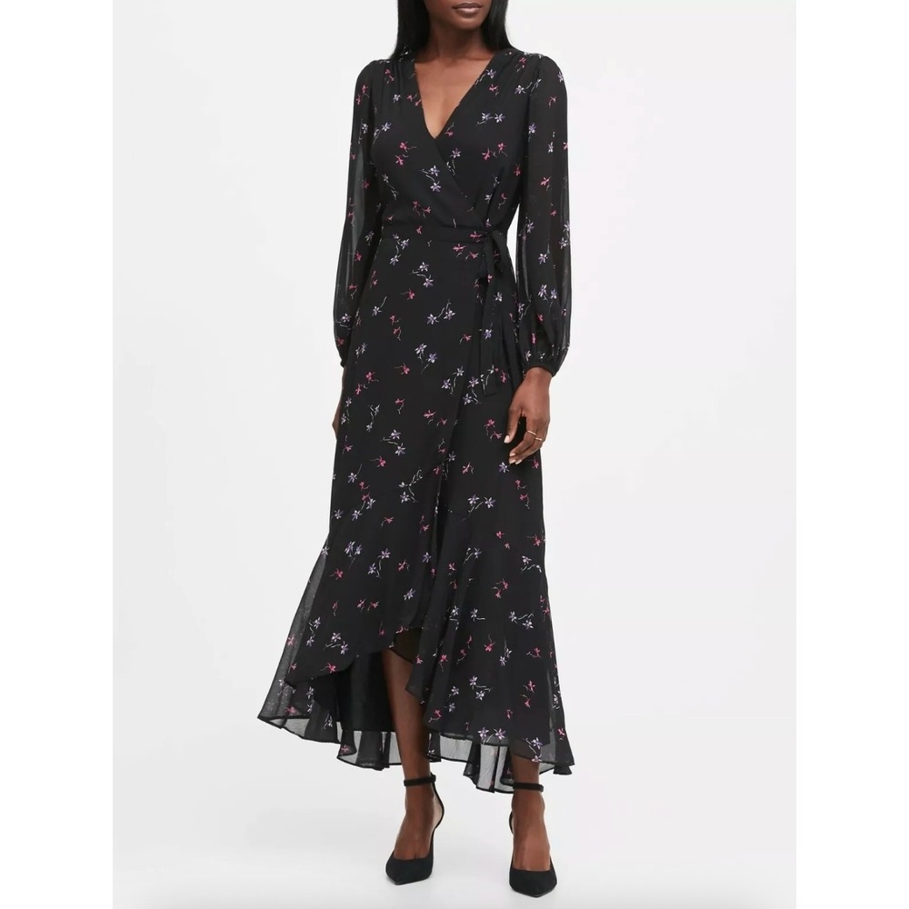 Banana Republic Long Sleeve V-neck Wrap Dress Black Floral Wedding Guest Size 4